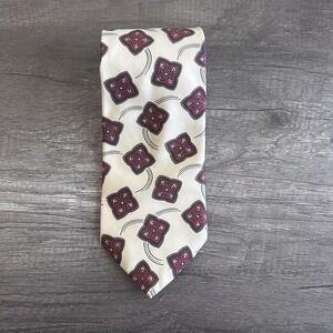 Mens 100% Silk Necktie Cream Red Geometric Print Made in Italy Classic Accessory